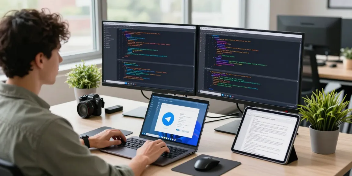 Professional workspace showcasing 纸飞机中文版 on dual screens with vibrant code, developer coding in a bright tech office.