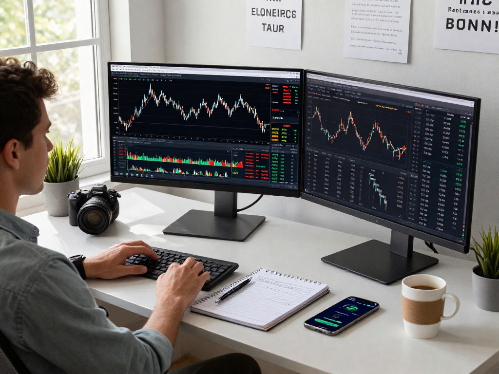 Professional trading workspace showcasing TradingView with dual monitors displaying dynamic market analysis and strategies.