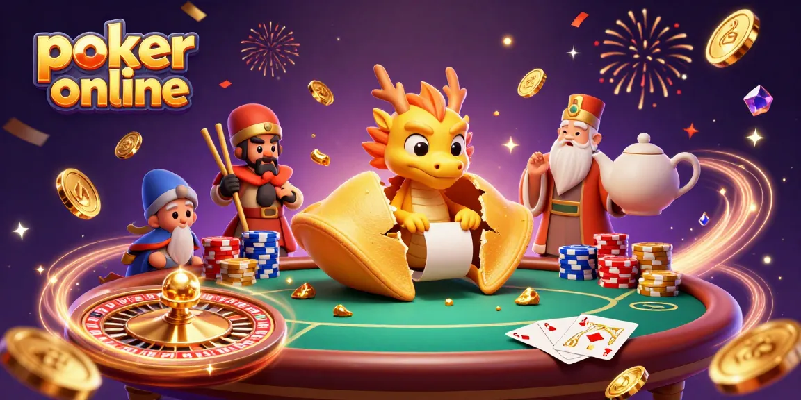 Jouer au poker en ligne : une scène colorée avec une table de poker entourée d'une cookie d'or et pleine d'éléments de jeu