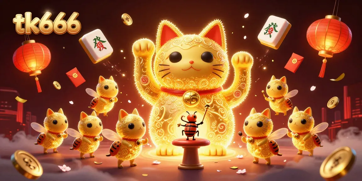 tk666 players enjoying varied games under a giant lucky cat and colorful casino elements