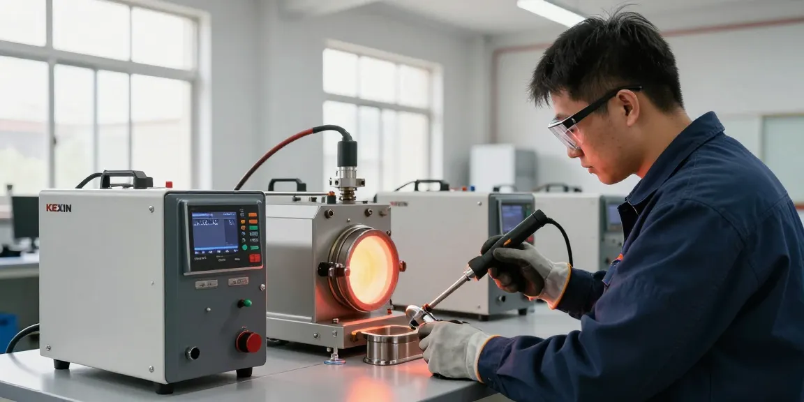 Technician using induction heater for precise metal brazing in a clean industrial workshop.