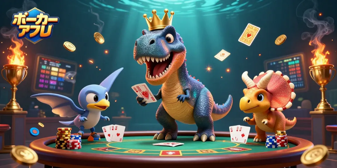 ポーカーアプリで賭けるシーン、恐竜がカードを扱い、チップを積む可愛い仲間たちと共に楽しい雰囲気を演出。