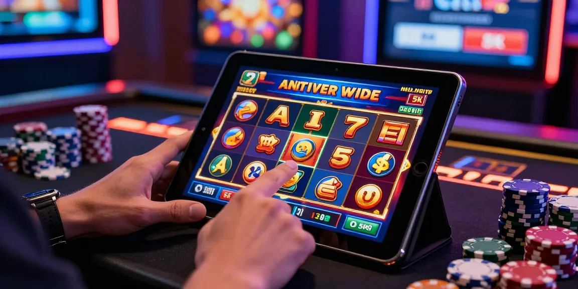 Engaged player using slot depo 5k on tablet in vibrant online casino atmosphere with neon lights and casino chips.