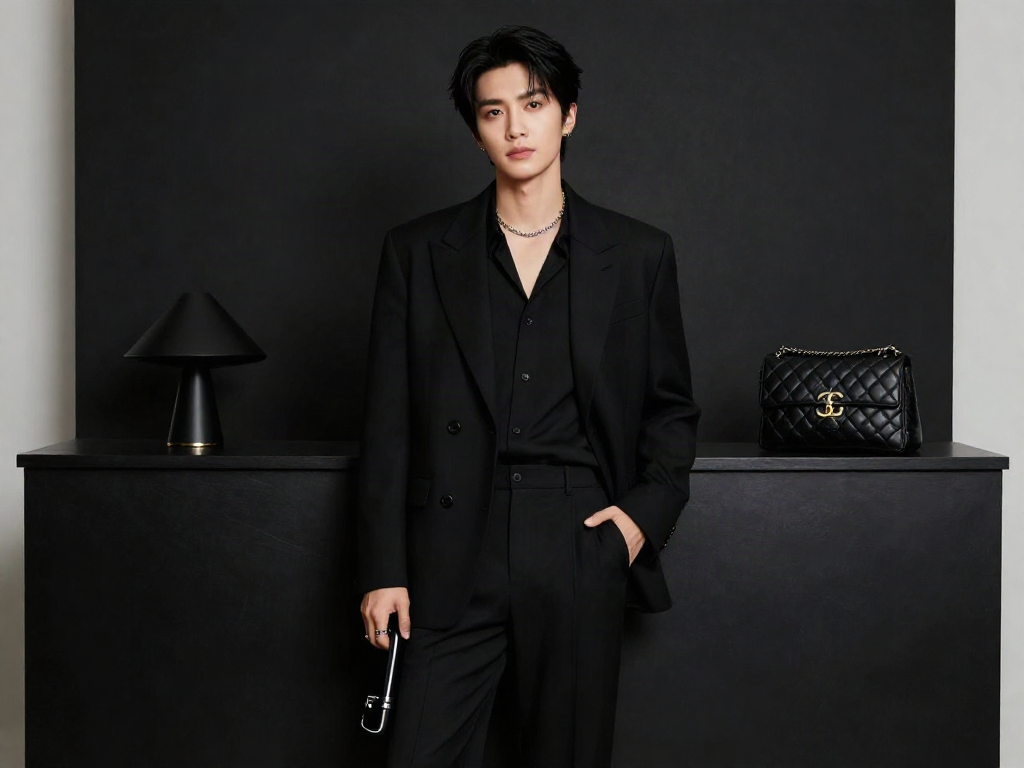 Person showcasing luxury fashion inspired by rokok 88 in a stylish black setting.