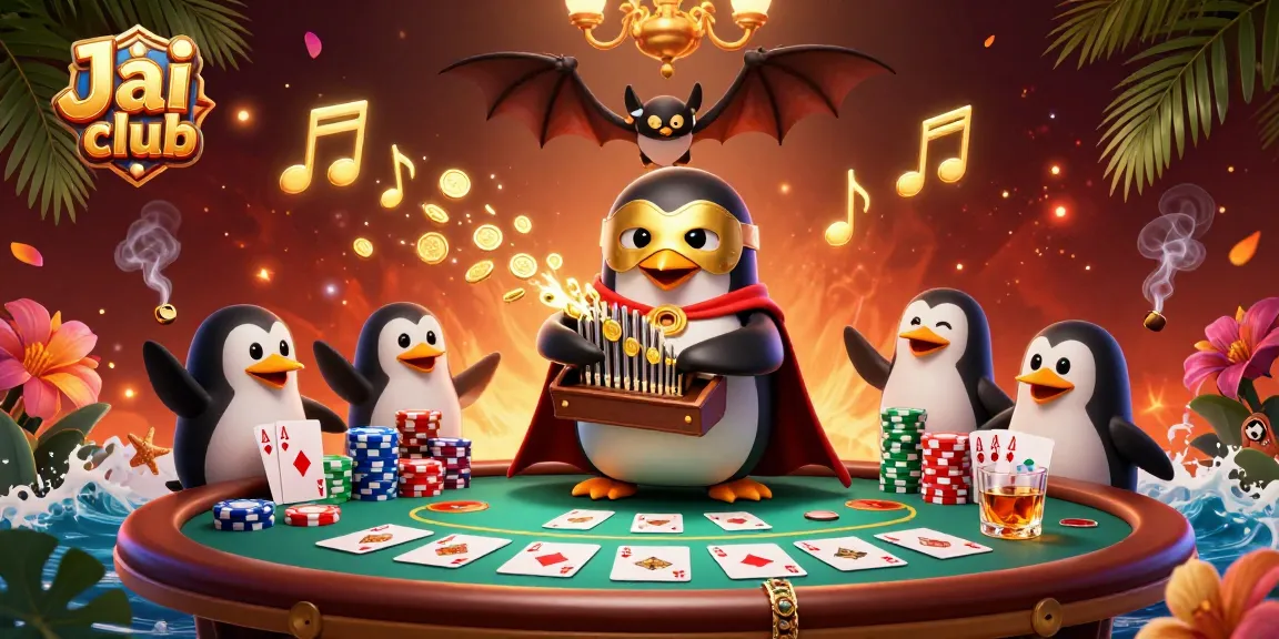 Immerse in the Jai club experience with a dynamic scene of a penguin playing an organ while coins burst forth.