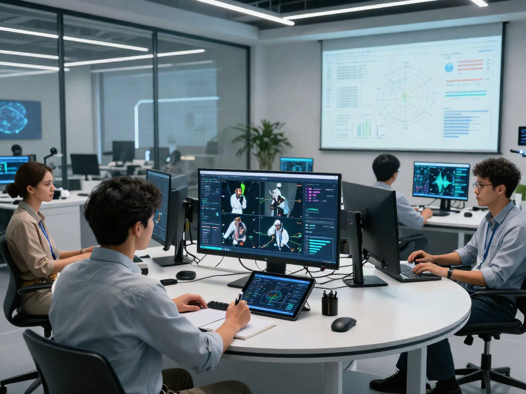 AI-Generated Image Detection analysis in a modern tech lab with diverse professionals studying detection results.