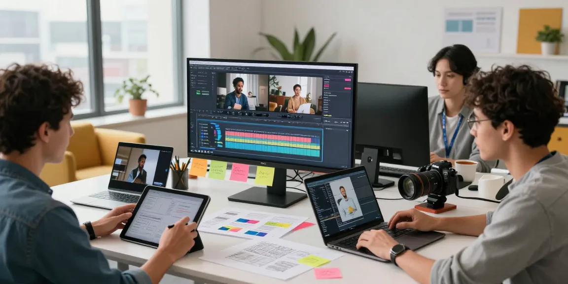 Video to prompt generation team collaborating in a vibrant studio.