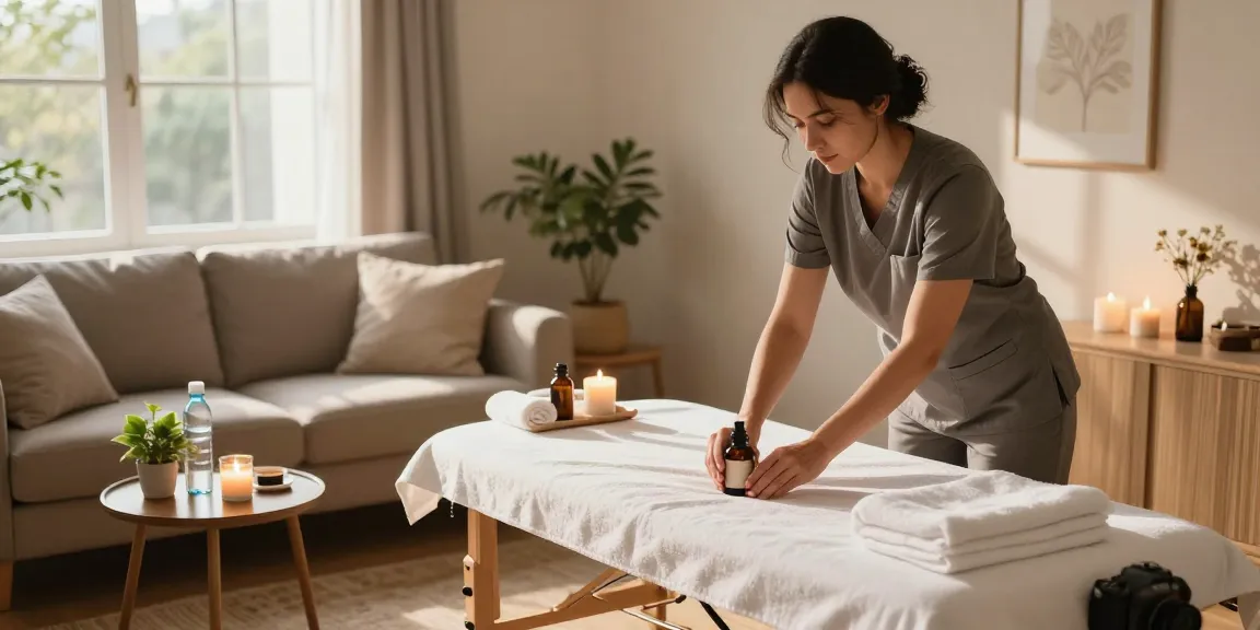 Experience premium 성남출장안마 service in a serene home setting with a massage therapist preparing a cozy atmosphere.