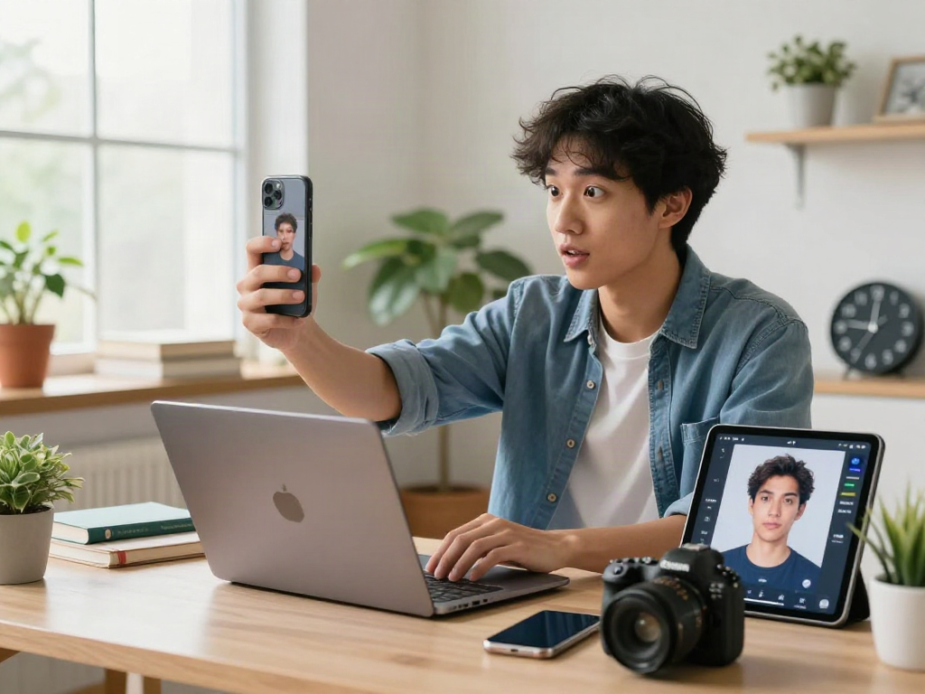 Young person engaging with facial recognition app, curious about how old do I look with modern tech.
