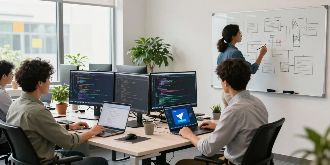 Collaborative software development team discussing 纸飞机中文版 app features in an inspiring tech workspace.