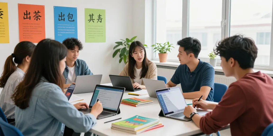 Students collaborating using telegram chinese help in a modern classroom.