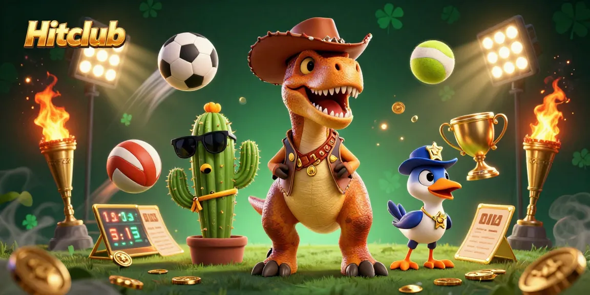 Engage in thrilling gameplay at Hitclub with vibrant casino-style illustration featuring dynamic sports balls and characters.