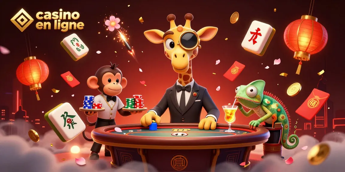 Images captivantes d'un casino en ligne, un girafe joueur et un singe valet, au poker.