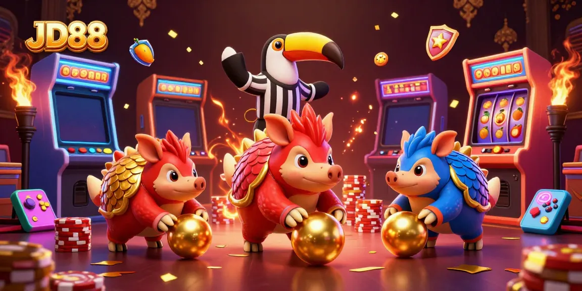 Experience the thrill of JD88 slots with vibrant pangolins battling in a colorful casino.