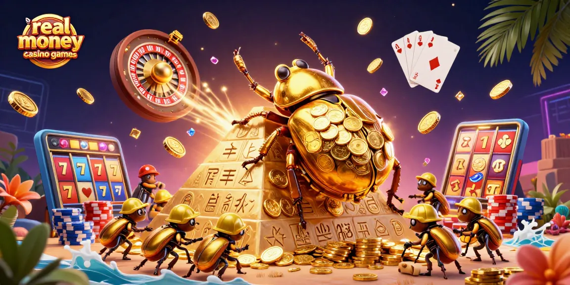 Engage in real money casino games with vibrant beetles navigating a golden pyramid of fun!