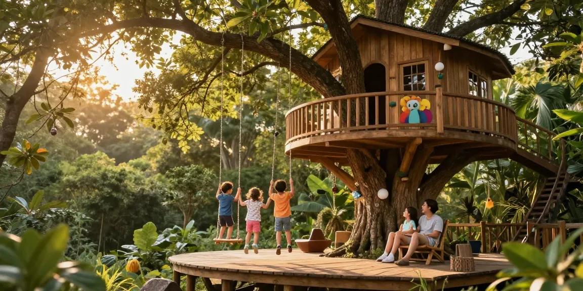 Family enjoying tree house life in a lush forest setting with warm sunlight.