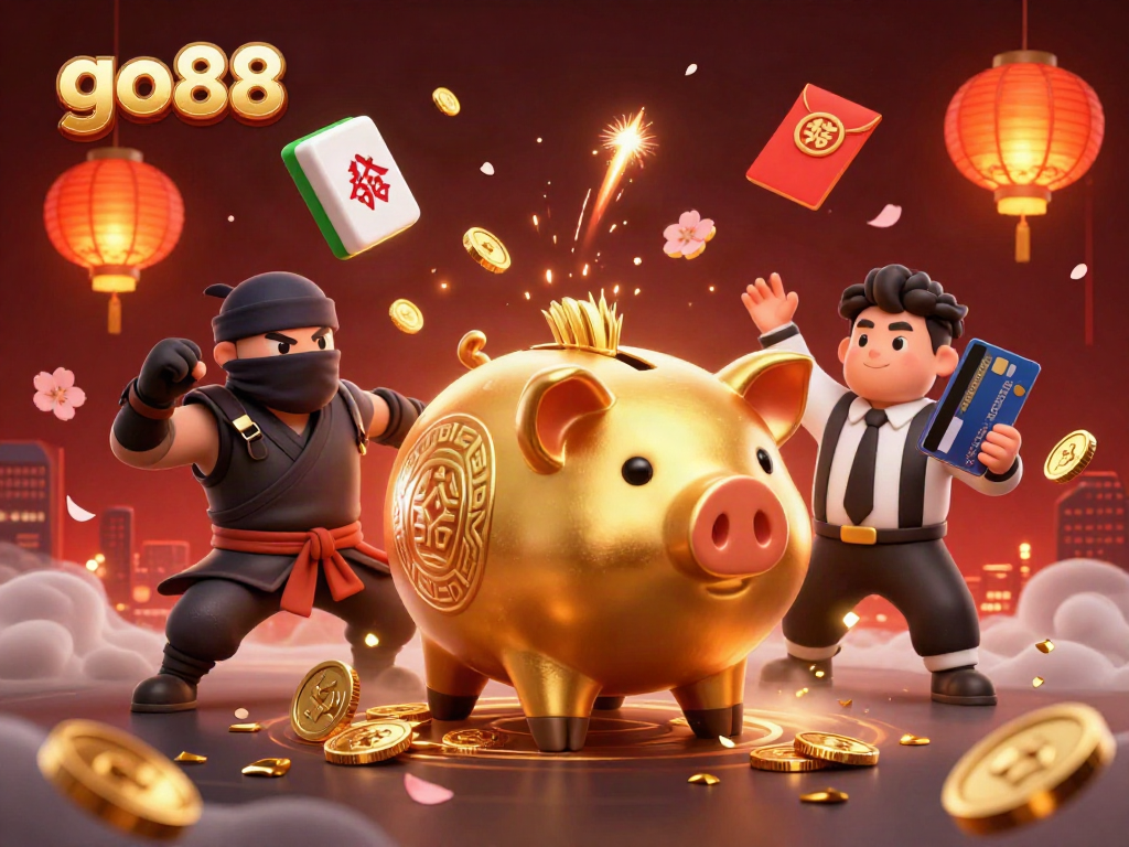 Engage with go88's thrilling gaming experience featuring a victorious piggy bank sumo wrestler