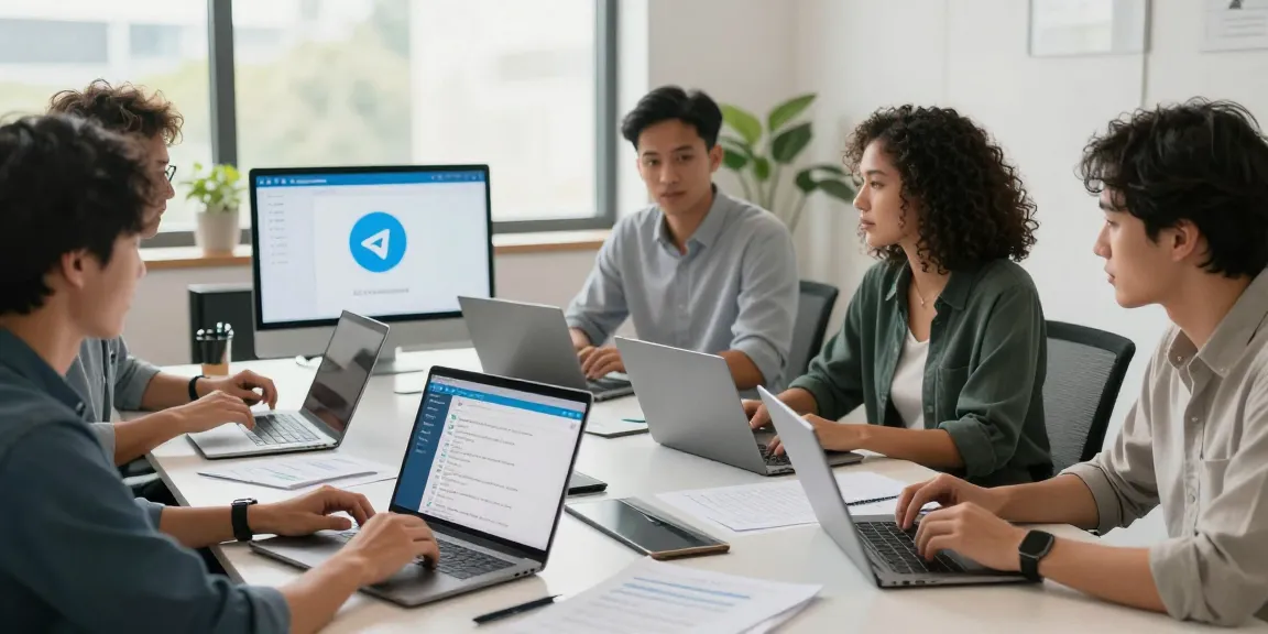 Collaborative team discussing how to use telegram chinese help in a modern workspace.