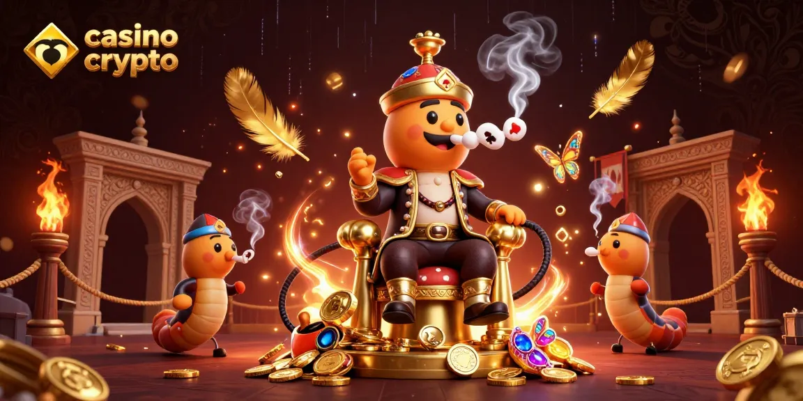 Les joueurs profitent de l'énergie d'un casino crypto avec des personnages animés, des pièces d'or, et des symboles de jeu.