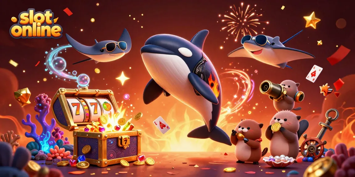 Permainan slot online menarik dengan pemandangan hiu orca kartun dan keluarga berang-berang