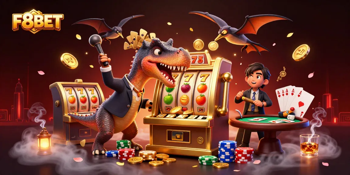 F8BET offers a vibrant casino experience with a pachycephalosaurus celebrating a jackpot win at a golden slot machine.