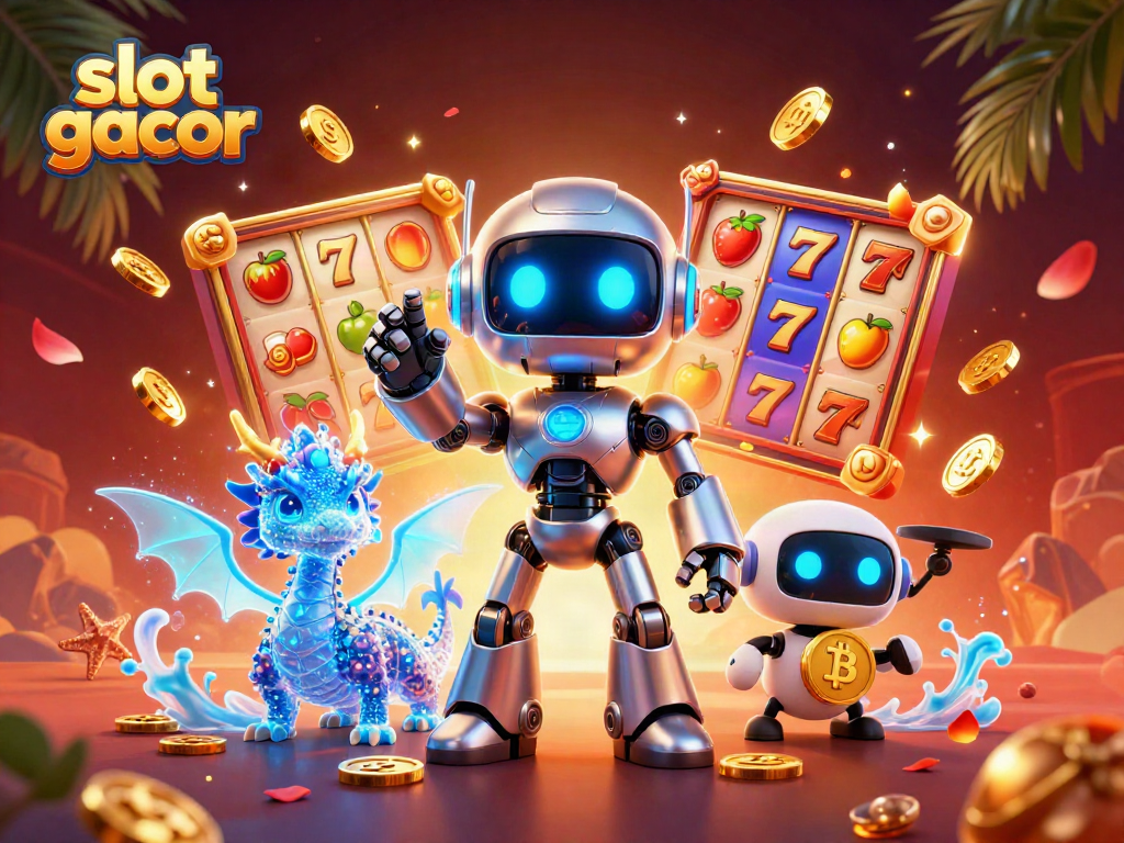 Engage in slot gacor excitement with a cyberpunk robot, a holographic dragon, and vibrant game elements.