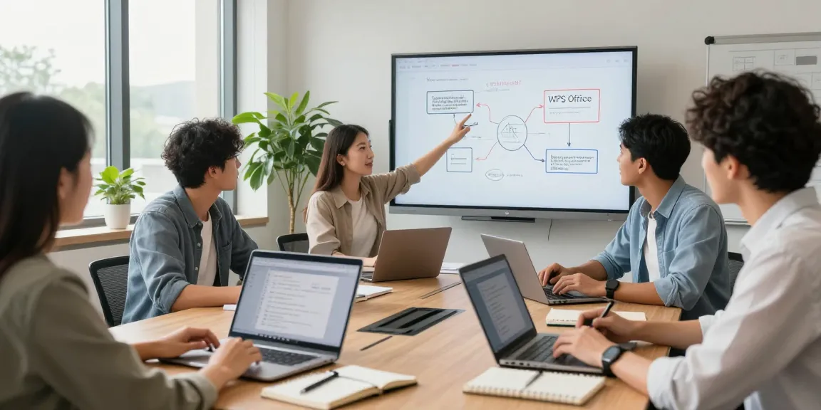 Collaborating team in modern office showcasing WPS下载 on screens, highlighting productivity and innovation.