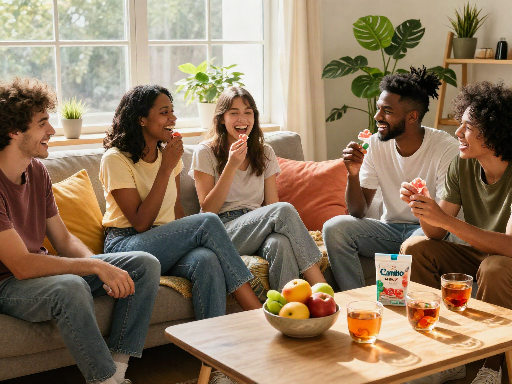 Friends sharing Camino gummies in a cozy living room, creating joyful moments.