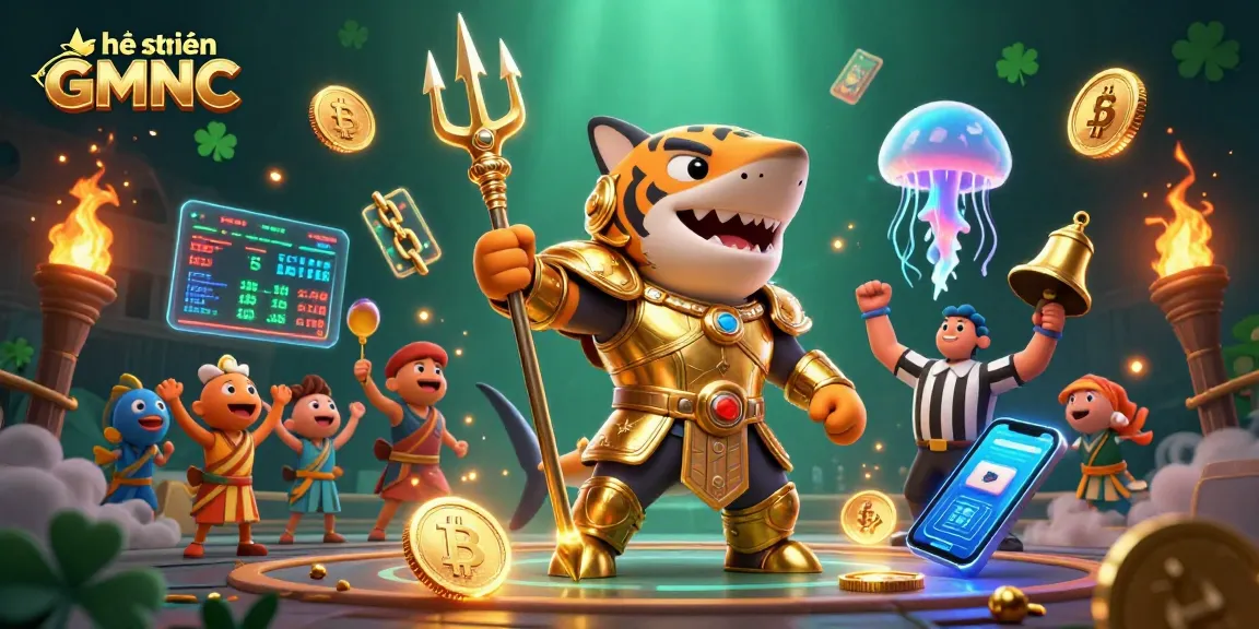 Engage with the lively scene of hệ thống GMNC showcasing a tiger shark in gladiator armor amidst crypto-themed elements.