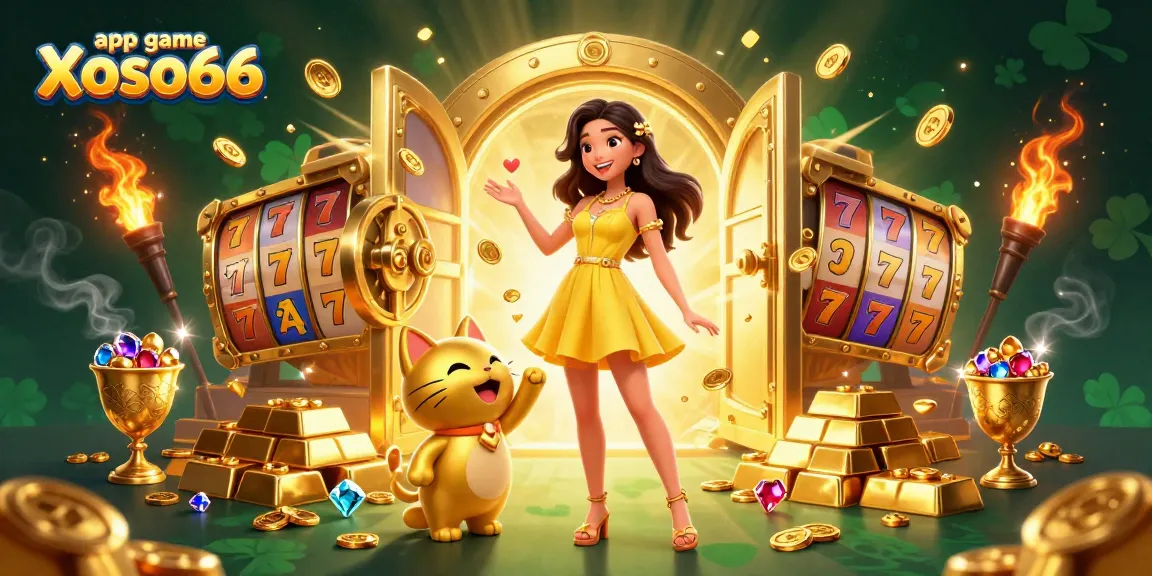 Win big with the app game Xoso66, featuring a joyous Asian woman and a golden lucky cat among floating coins.