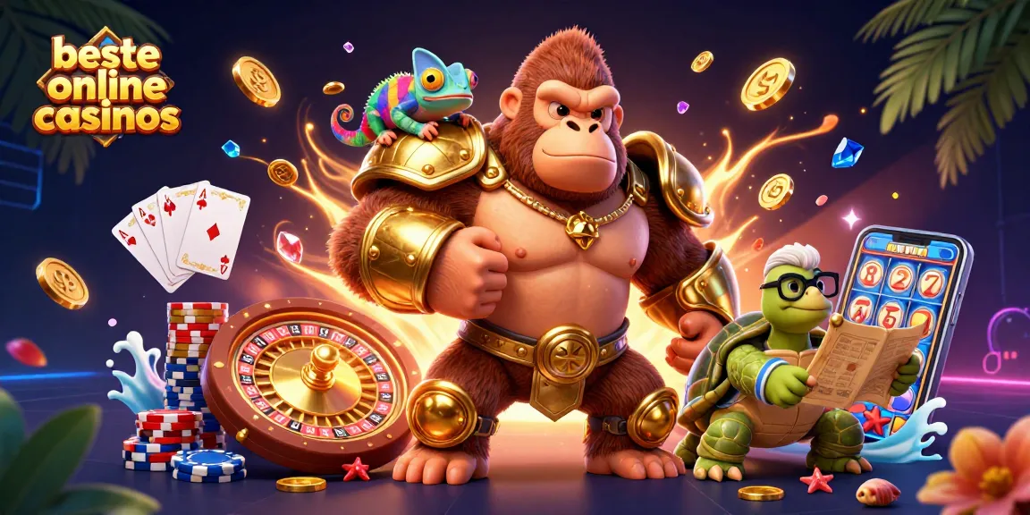 Engage with beste online casinos featuring an epic gorilla king, chameleon, and tortoise amid casino elements.