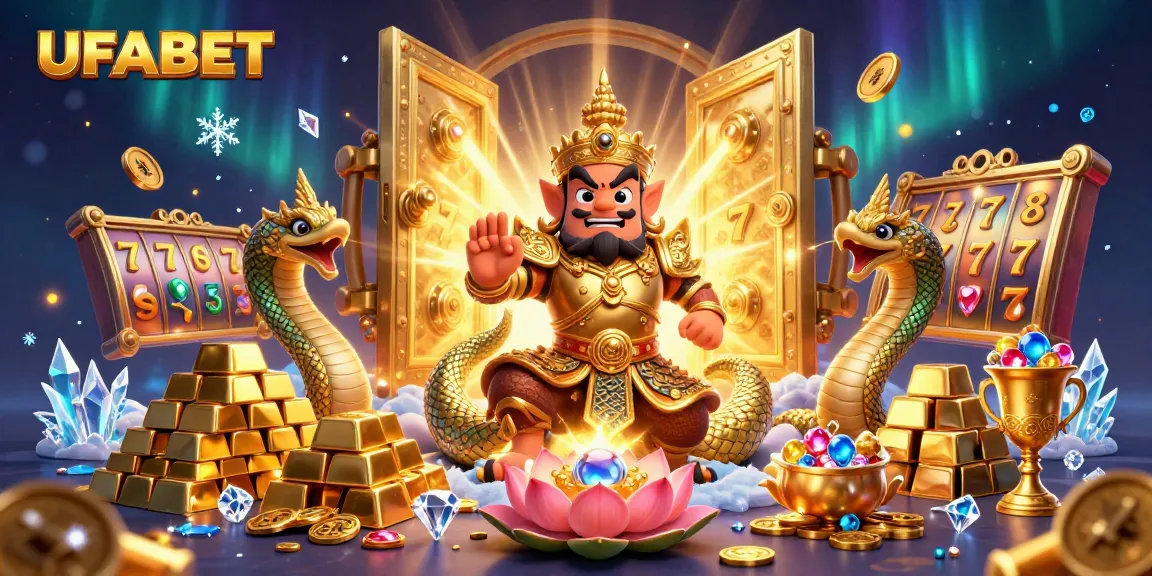 Bet on UFABET with a vibrant 3D guardian illustration featuring gold treasures and slot elements.