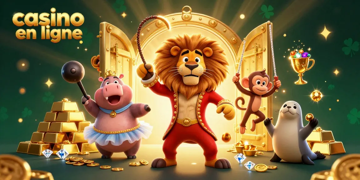 Découvrez l'excitation du casino en ligne avec une scène de cirque 3D vibrante débordante de trésors et de personnages.