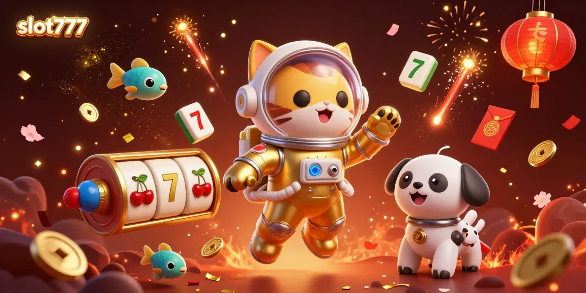 Spin to win big with slot777 featuring an astronaut cat and gaming elements in a vibrant 3D illustration.
