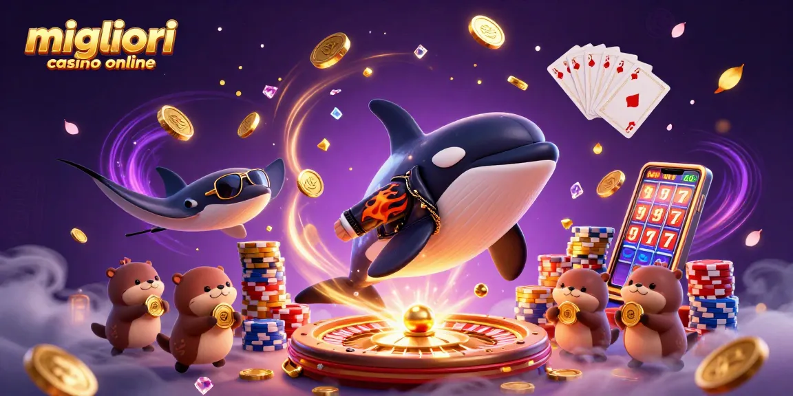 Migliori casino online illustrati con una scena tridimensionale vibrante che mostra personaggi impegnati nel gioco d'azzardo, celebrando le vincite.