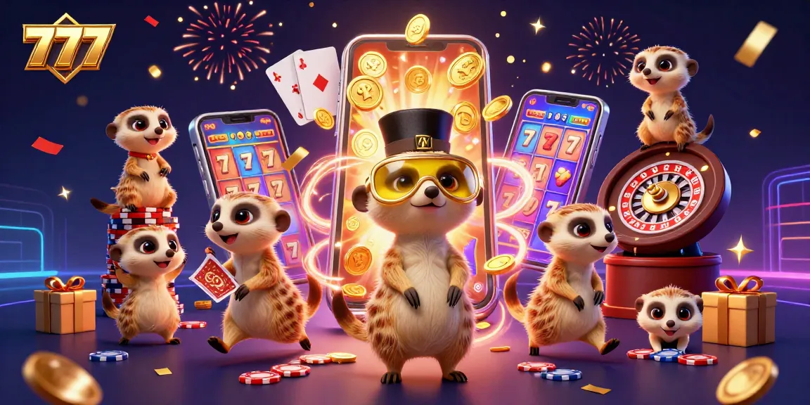 Experience the frenzy of 777 slots with meerkats managing a vibrant casino, showcasing excitement and playful strategy.