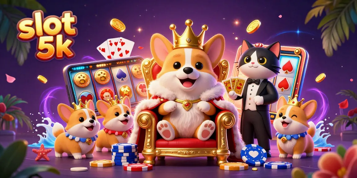 Engage with slot 5k in this vibrant 3D cartoon scene featuring a royal corgi amidst casino excitement.