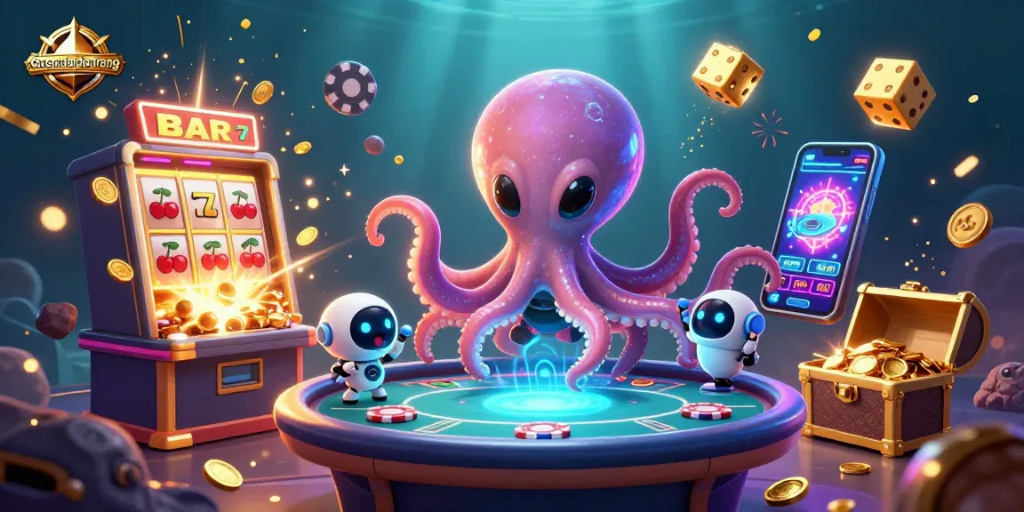 Engage in exciting gambling with dacsandatphanrang at a vibrant key scene featuring a cosmic octopus and robotic companion.