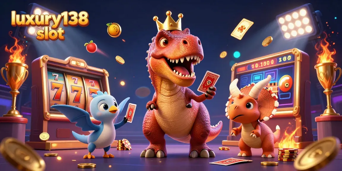Enjoy the excitement of luxury138 slot featuring a T-Rex shuffling cards with dynamic game elements.