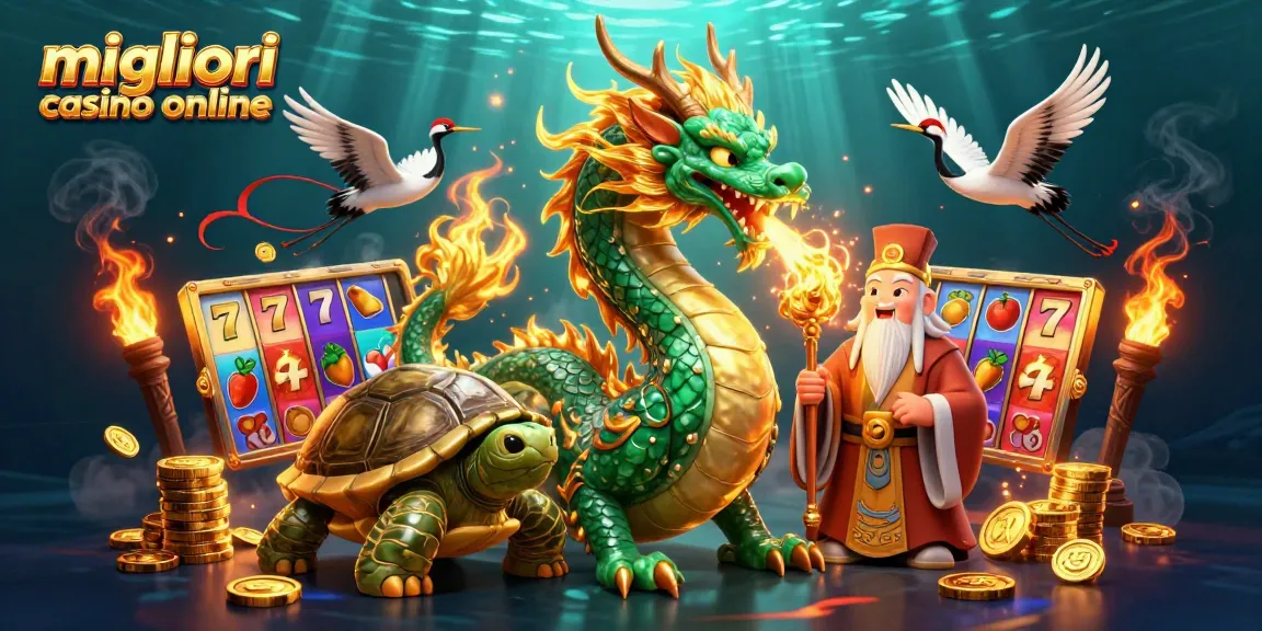 Scopri l'emozione dei migliori casino online con un'illustrazione 3D vibrante che mostra un drago di giada e i rulli delle slot.