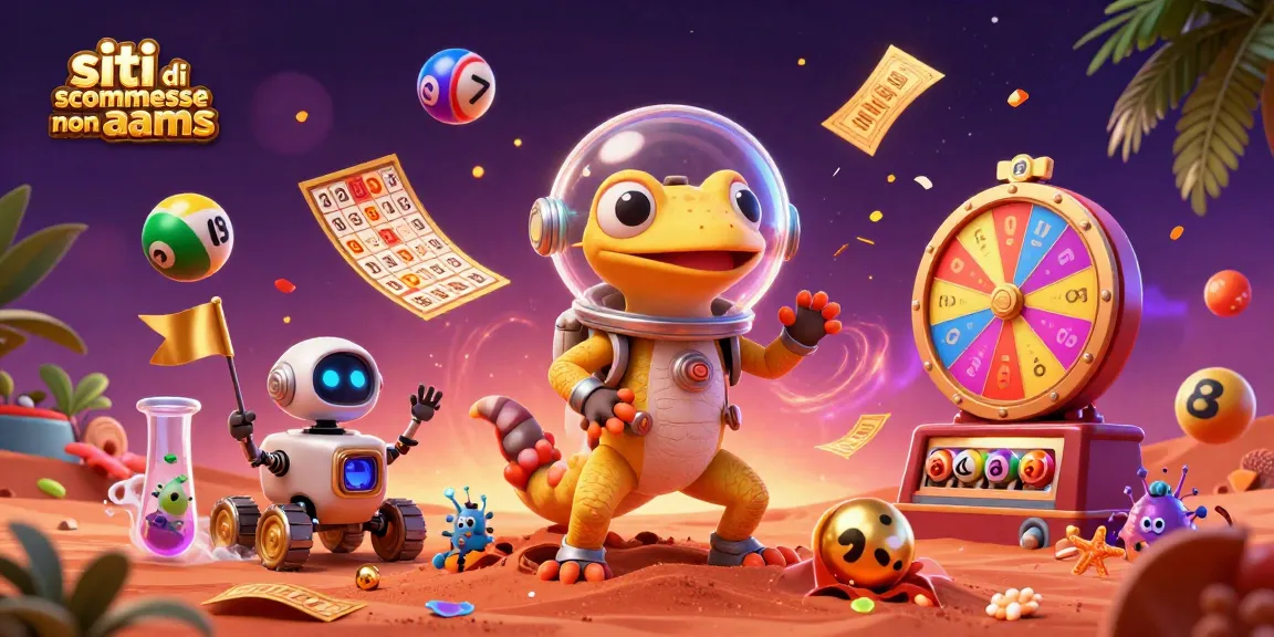 Esplora i siti di scommesse non AAMS in un'illustrazione vivace con un gecko marziano e simboli di gioco