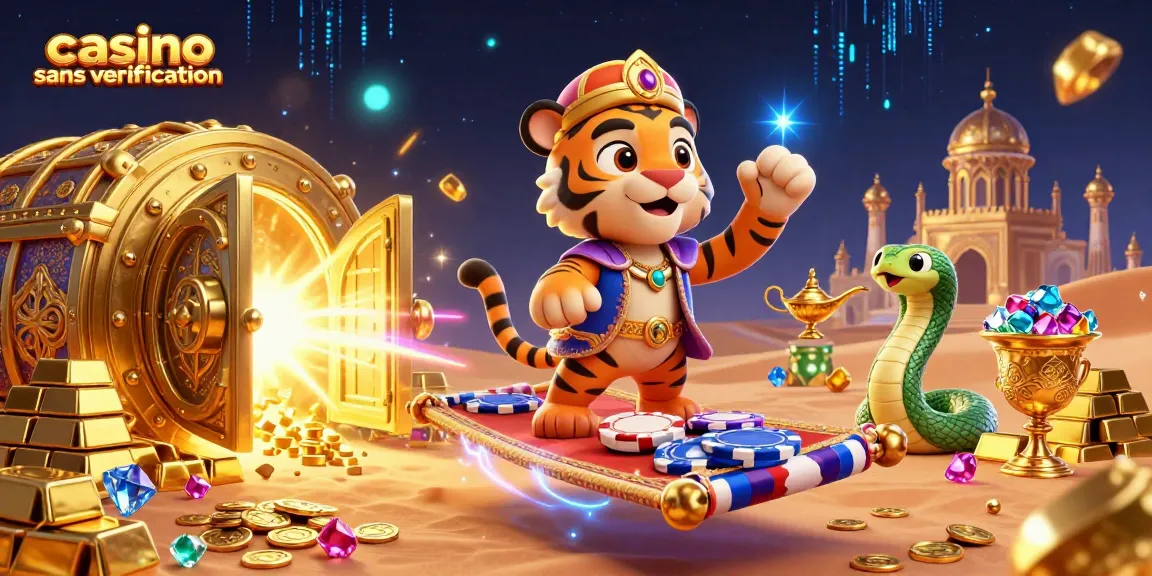 Jouer au casino sans vérification avec un sultan et un serpent génie sur un tapis de jetons.