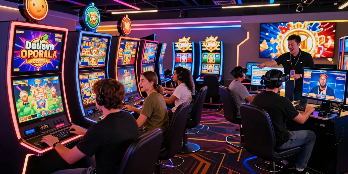 Players engaged with slot games in a vibrant online casino setting, showcasing excitement and high-tech visuals.