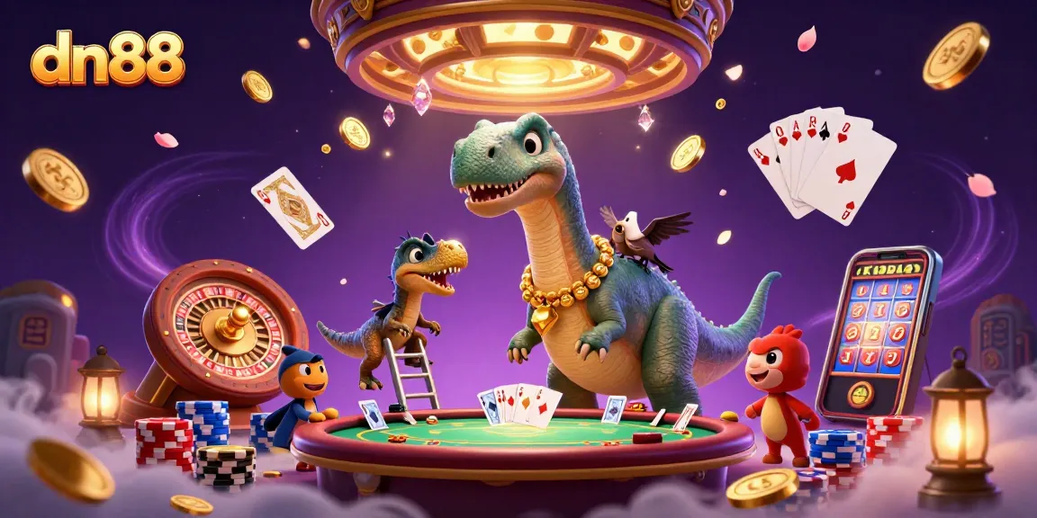 Engage with dn88's entertaining features at the vibrant casino scene with dinosaurs and dynamic gaming elements.