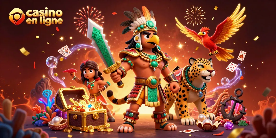 Jouez au casino en ligne avec des guerriers aztèques dans une illustration captivante.