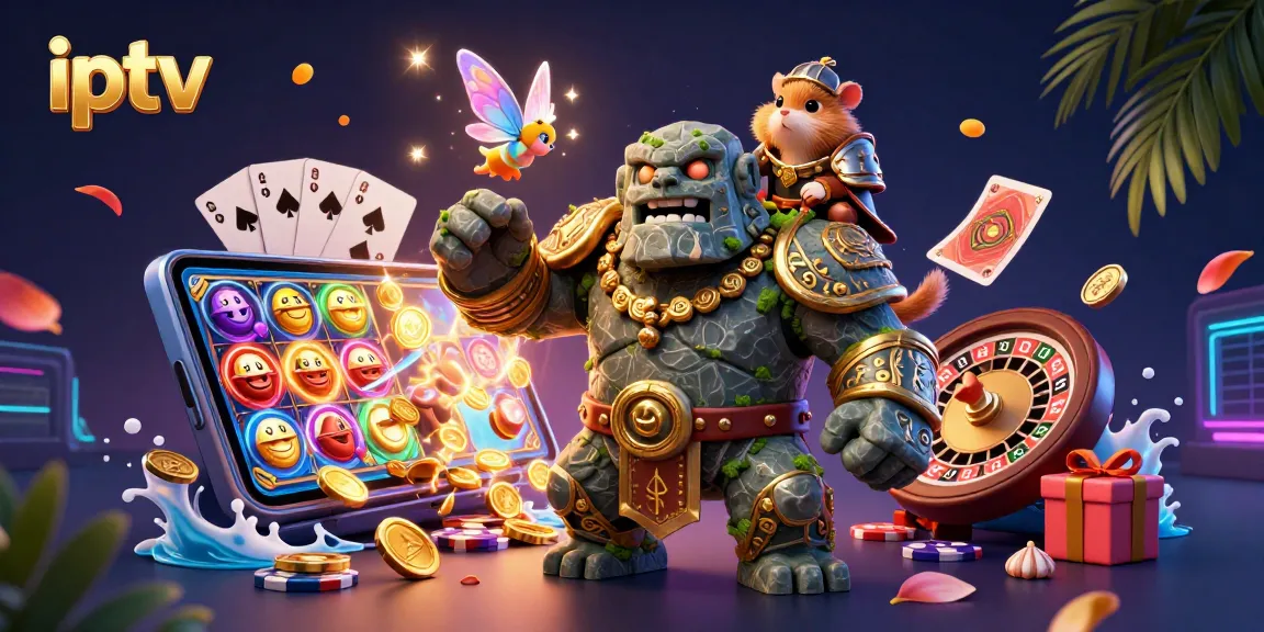 Engage in IPTV streaming with a vibrant scene showcasing animated characters and gambling elements.