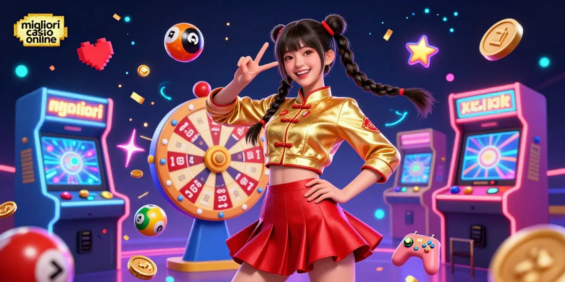 Migliori casino online scena che mette in mostra una donna asiatica vibrante in un ambiente di casinò colorato pieno di elementi di gioco.