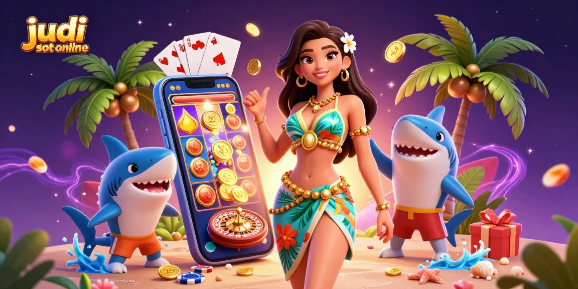 Engage in judi slot online with vibrant visuals of a woman, surfer shark, and dynamic gaming elements.