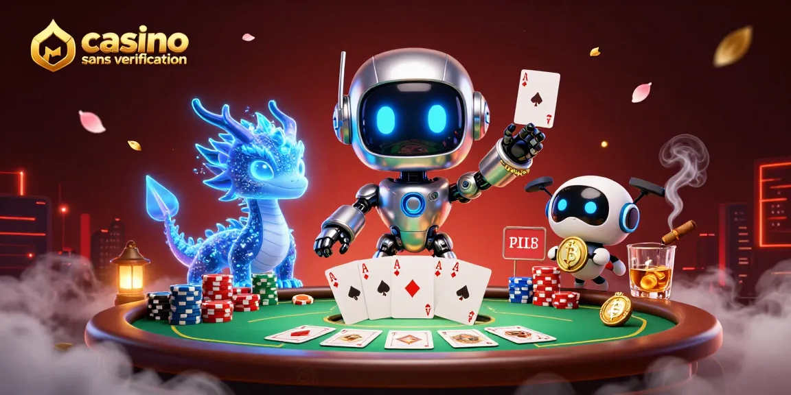 Jouer au casino sans vérification avec un robot cyberpunk et un dragon holographique dans un décor dynamique.