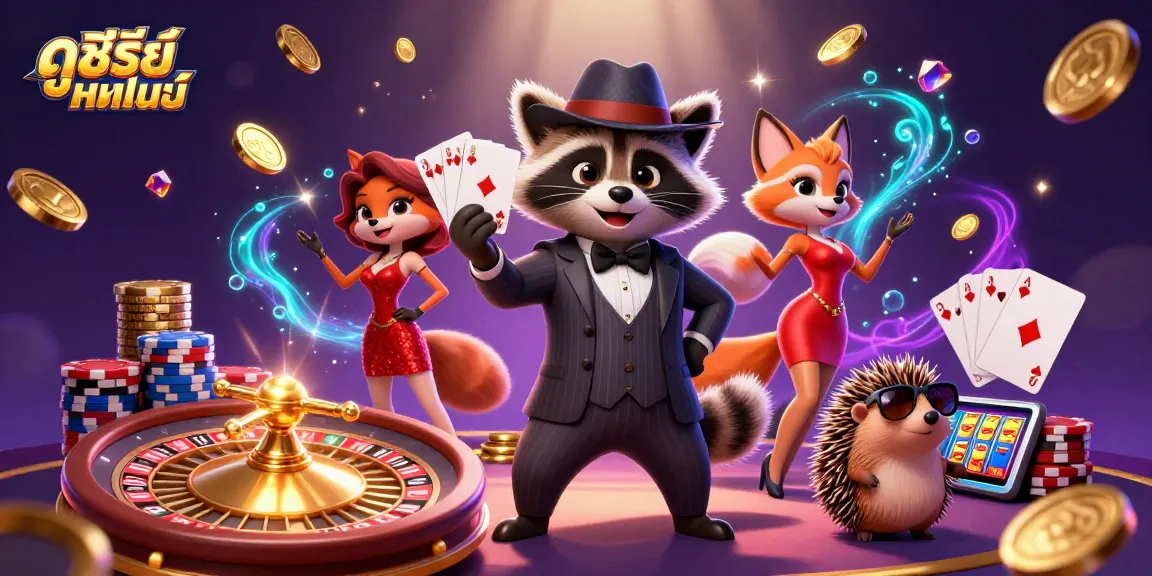 Experience ดูซีรี่ย์ออนไลน์ with exciting casino elements featuring a suave raccoon, fox lady, and vibrant chips.